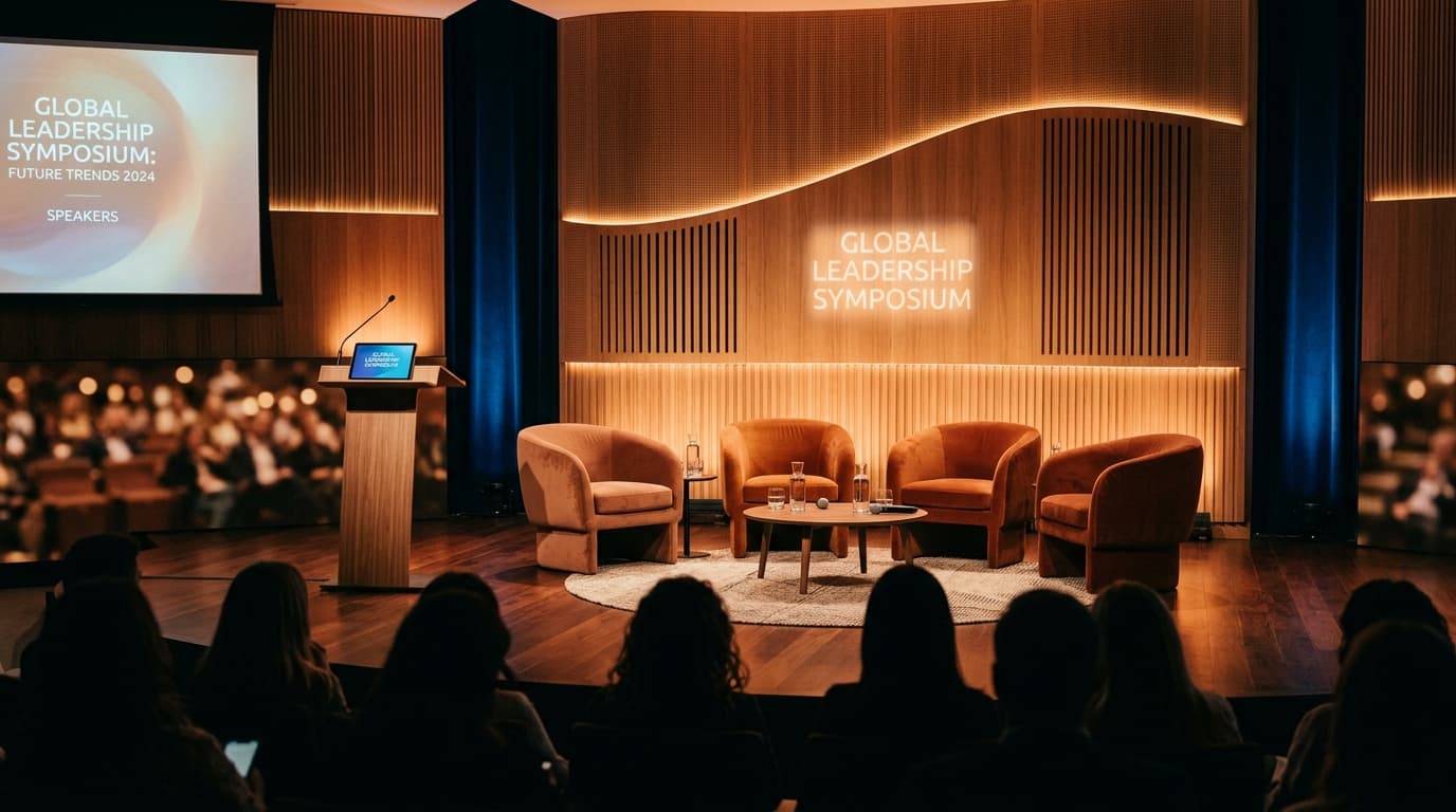 A corporate keynote speaker delivering a presentation on stage in front of an audience in a grand auditorium.