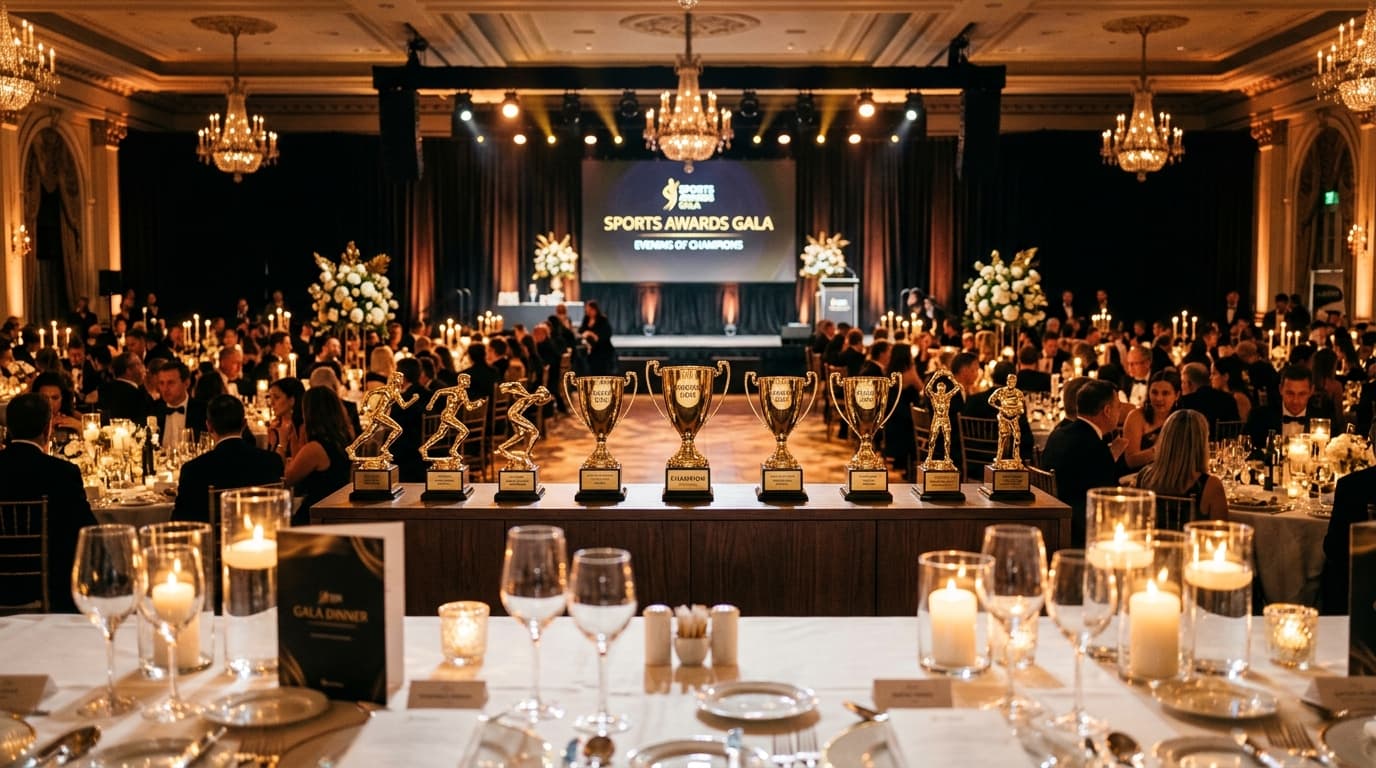 Athletes and guests attending a formal sports awards night banquet inside a brightly decorated ballroom.
