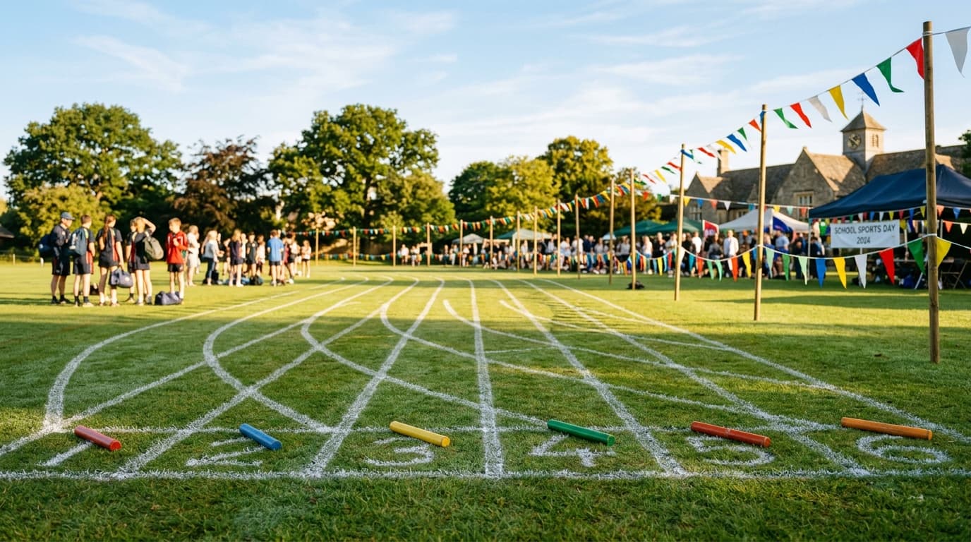 Students and parents gathered around a outdoor running track during a sunny sports day event.