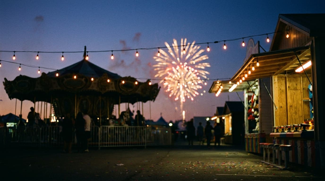 A vibrant carnival scene at sunset with ferris wheels, food stalls, and a crowd gathering in front of a main stage.