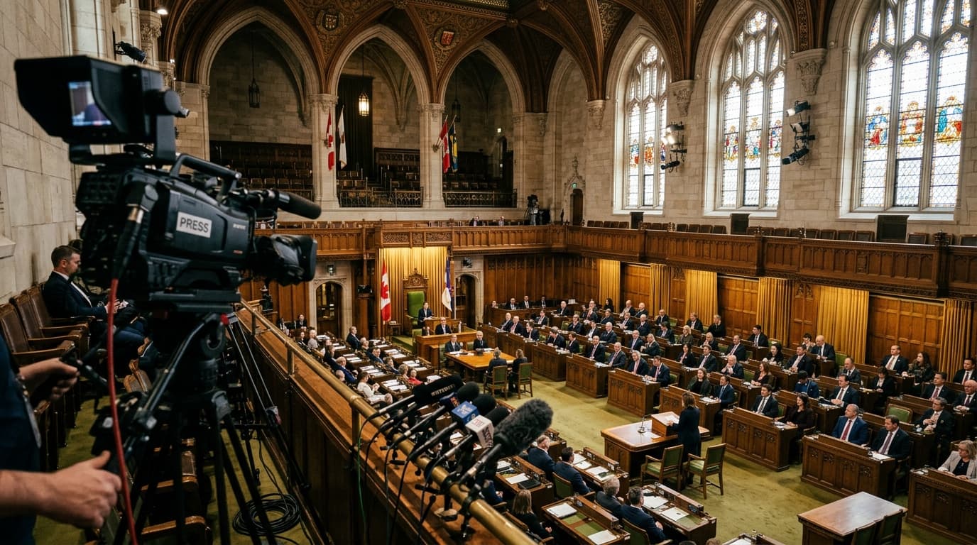 Formal parliamentary assembly chamber prepared for a State of the Nation Address with podium, seating, and media lighting.