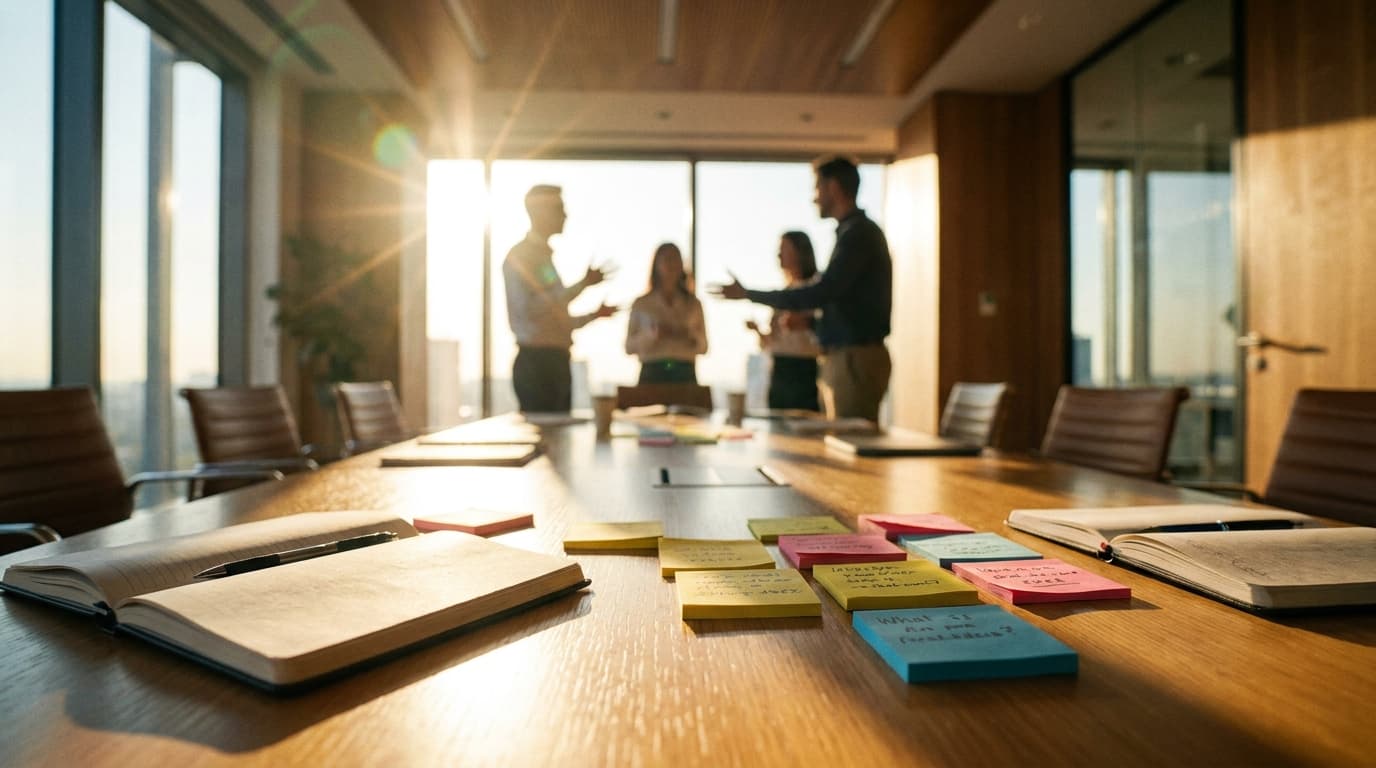 A professional team collaborating around a table with whiteboards and sticky notes in a modern conference room.