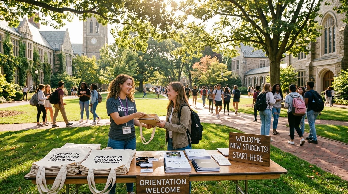 Incoming college students gathering on campus quad with orientation leaders holding welcome packets.