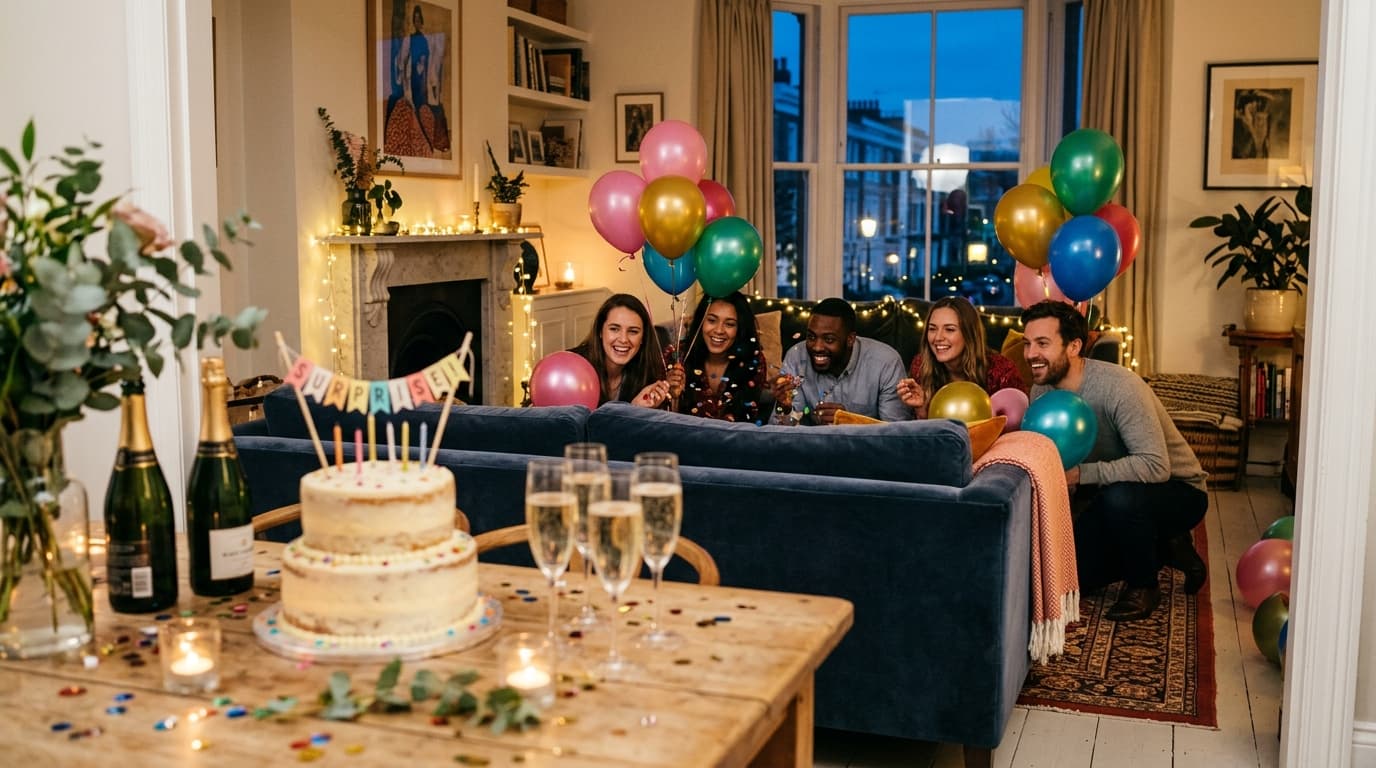 A crowd of joyful party guests shouting surprise in a decorated event room with floating balloons