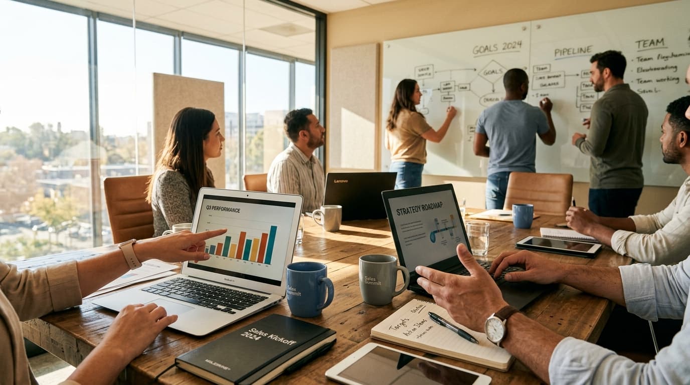 Corporate executives gathered around a conference room table reviewing quarterly target performance metrics on a digital screen.