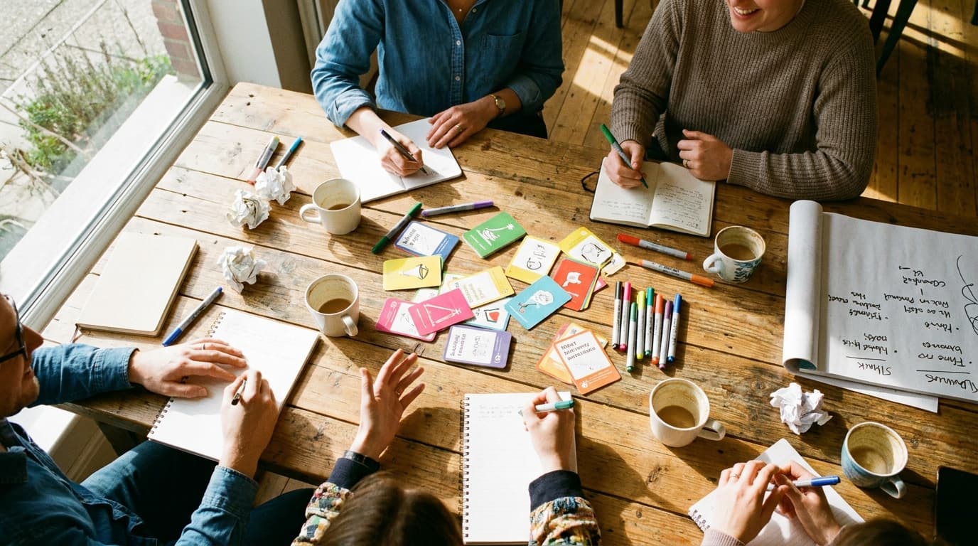 A diverse group of colleagues laughing and collaborating in a bright, modern workshop space during a corporate team-building event.