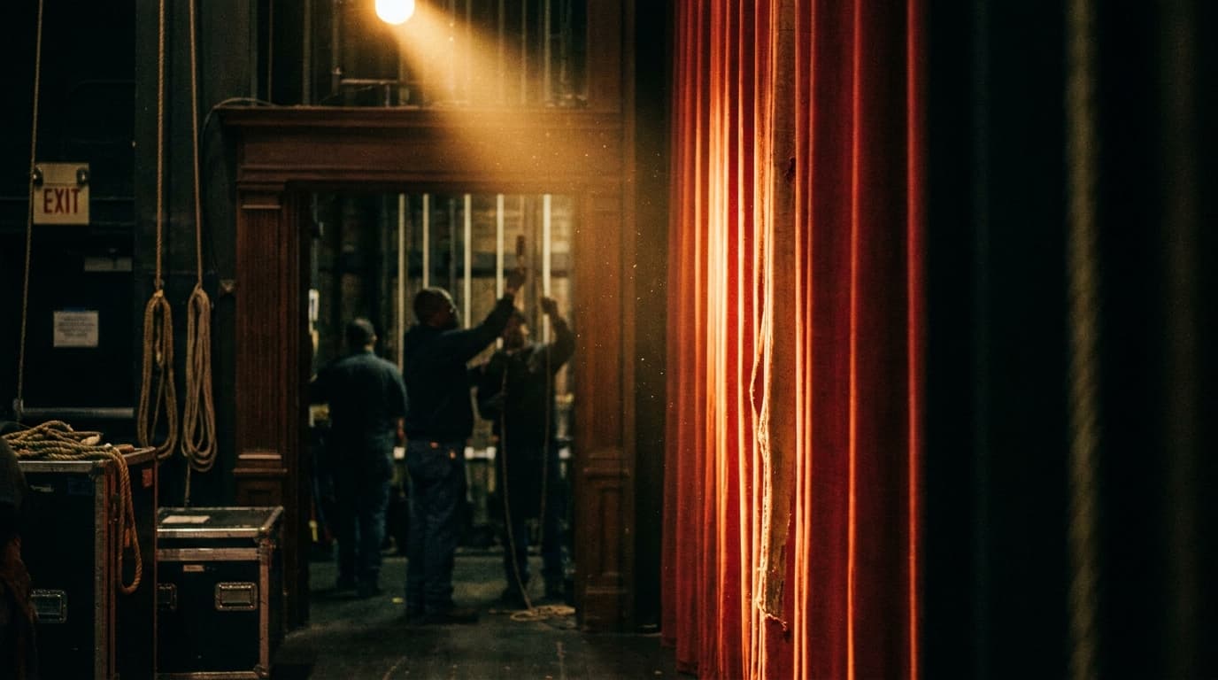 A bustling theatre lobby with staff preparing for an opening night performance.