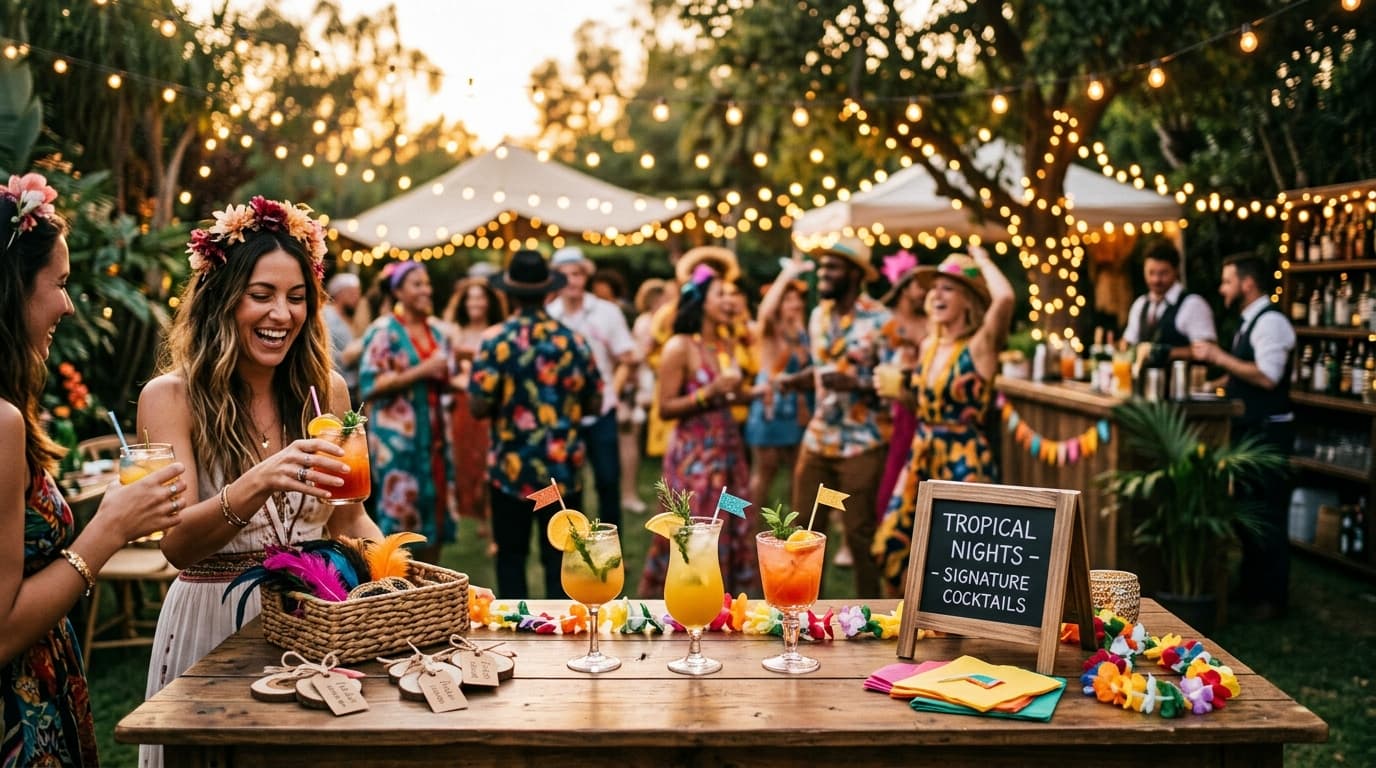 A vibrant party setup featuring ambient lighting, costume props, a decorated photo booth, and a high-energy DJ booth.