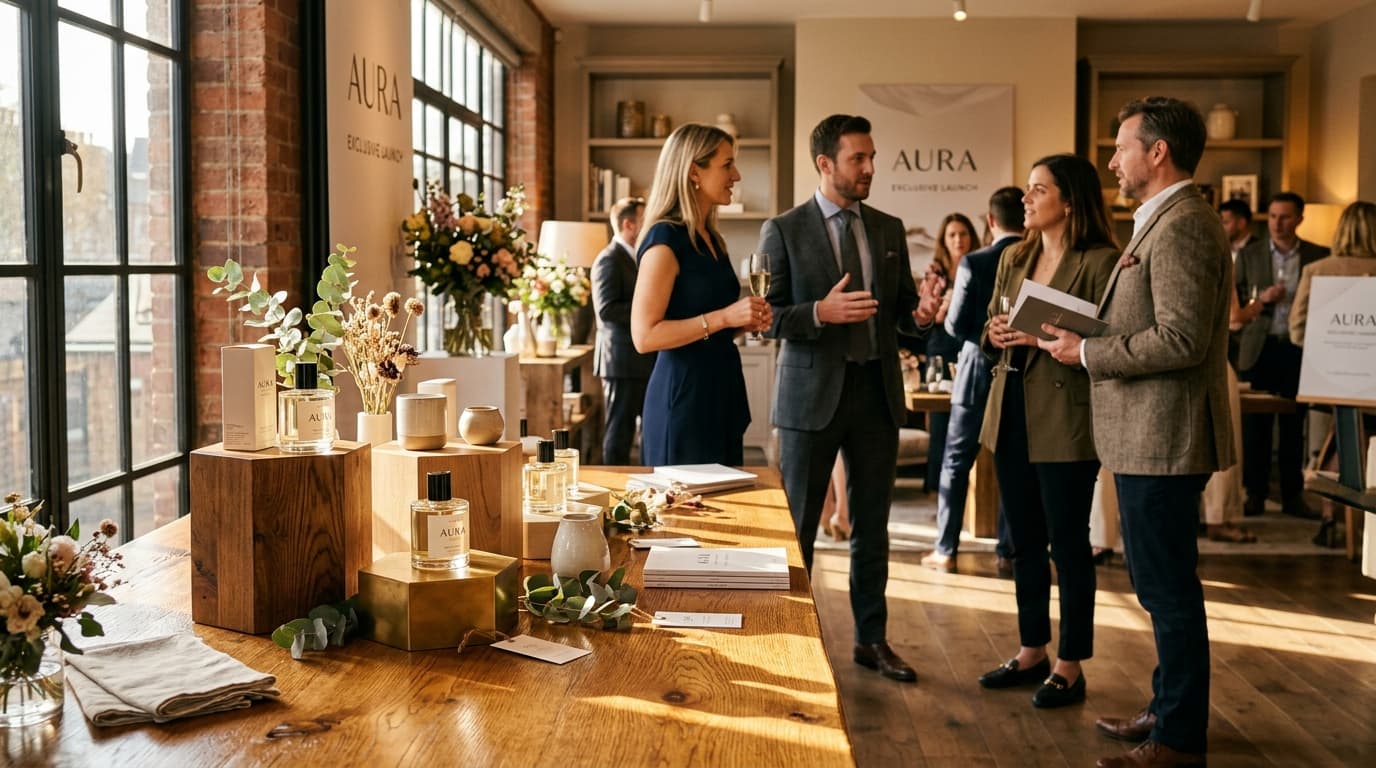 Trade marketing executives and retail partners reviewing promotional campaign materials in a modern venue.