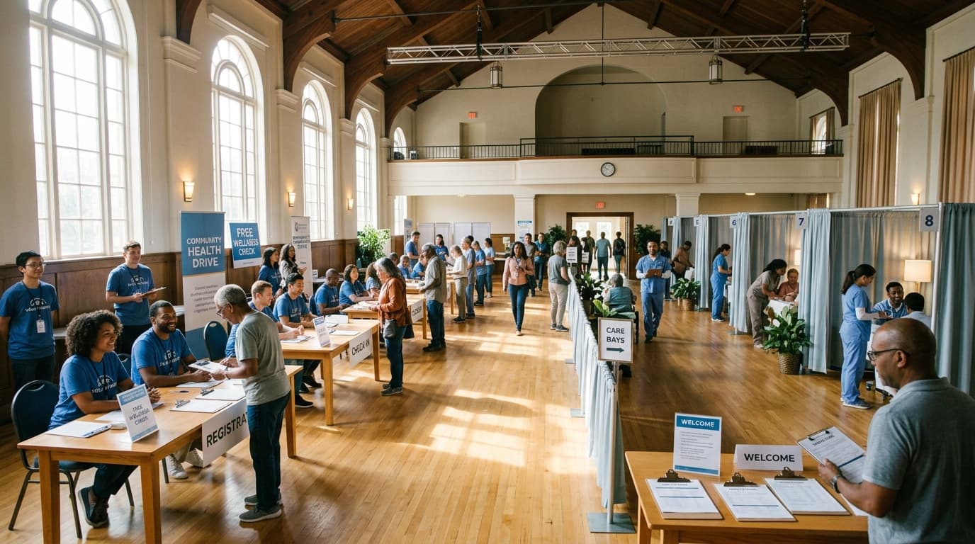 A well-organized community center hall arranged with registration desks, screened vaccination bays, and observation seating.