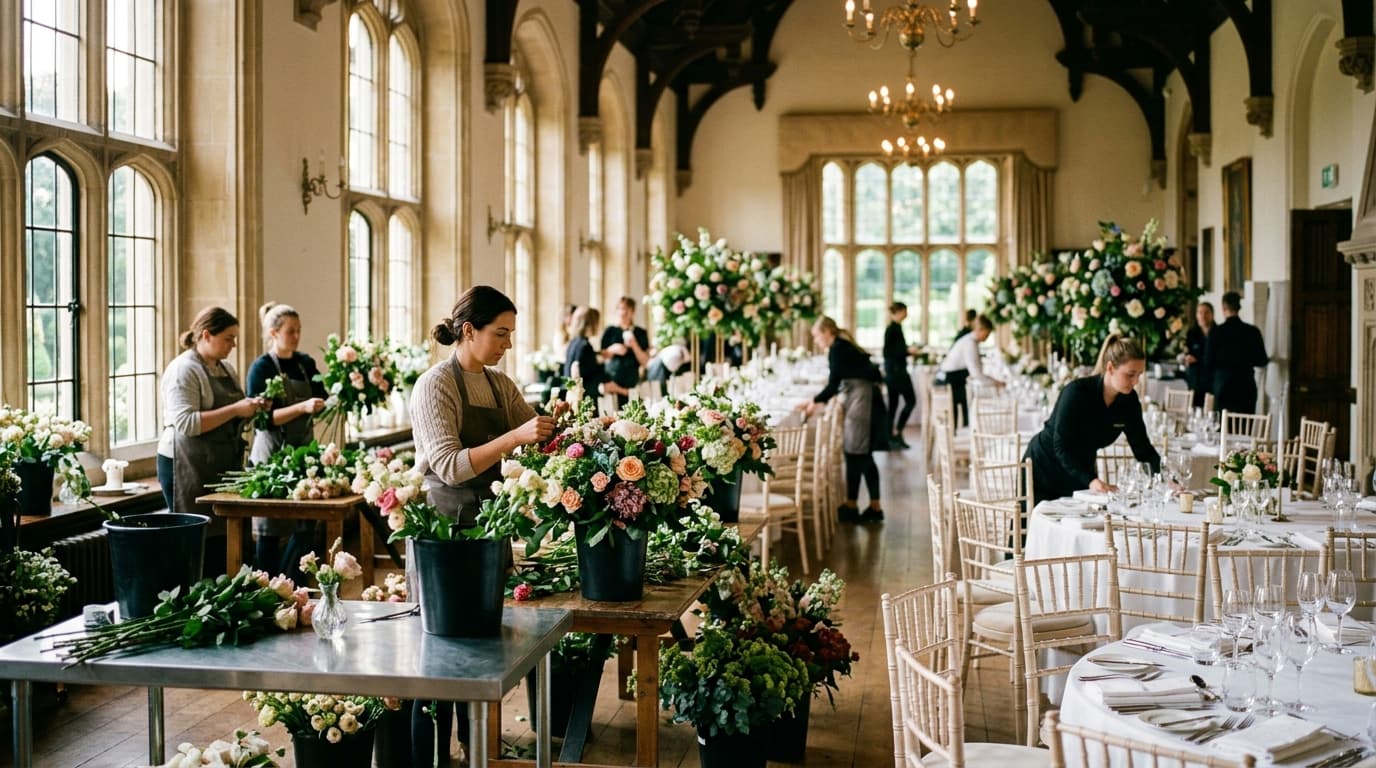 An event coordinator holding a clipboard and reviewing a vendor schedule on-site at a venue.