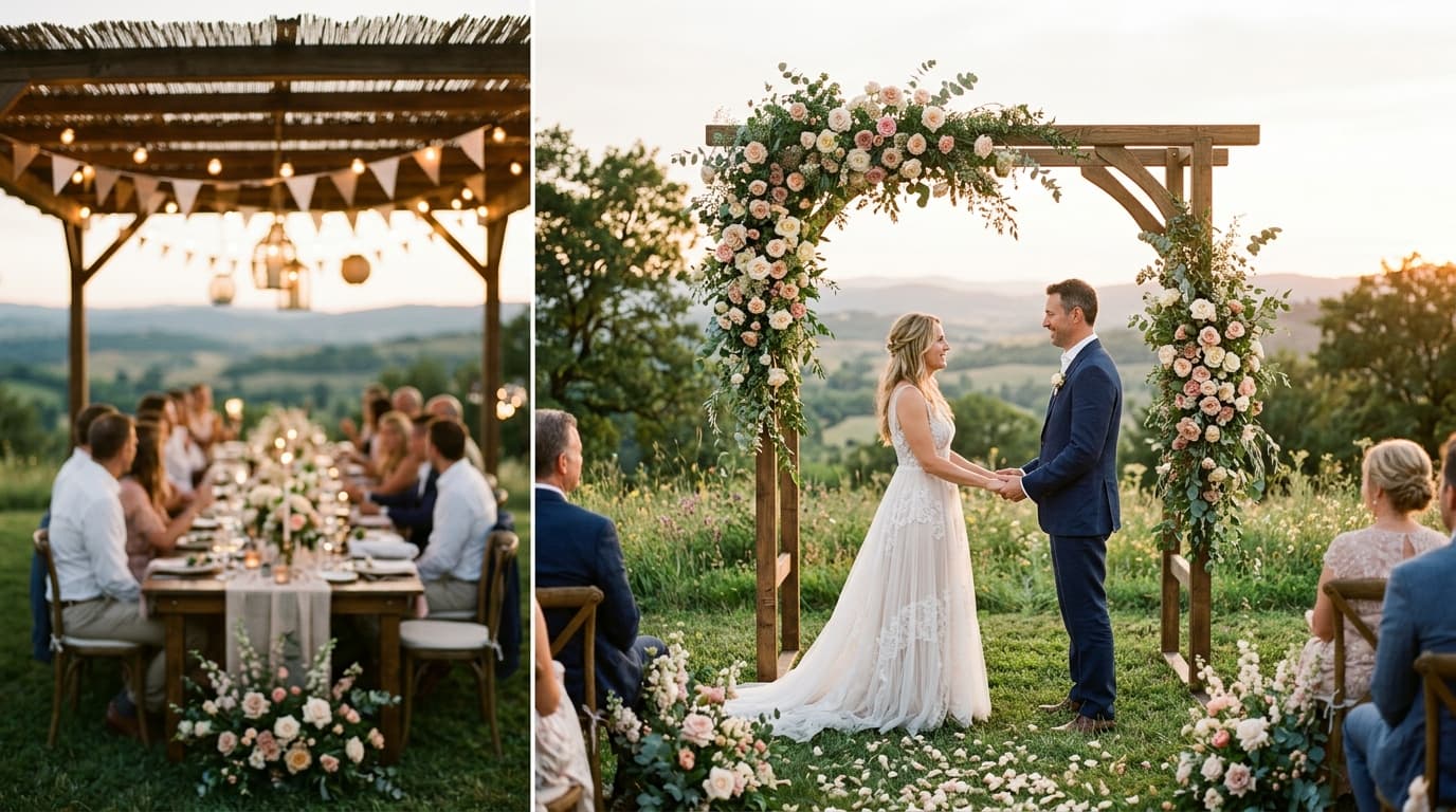 A couple exchanging vows in a lush botanical garden surrounded by family during a vow renewal ceremony.