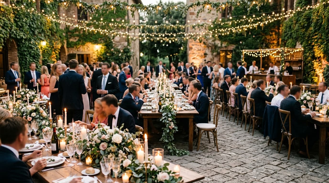 Warmly lit wedding reception ballroom featuring elegant table settings, floral arrangements, and ambient lighting
