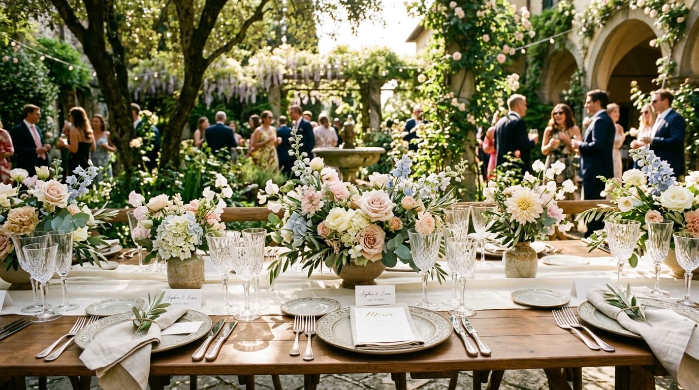 A bride and groom leaving a chapel during a sunlit midday wedding ceremony surrounded by guests.