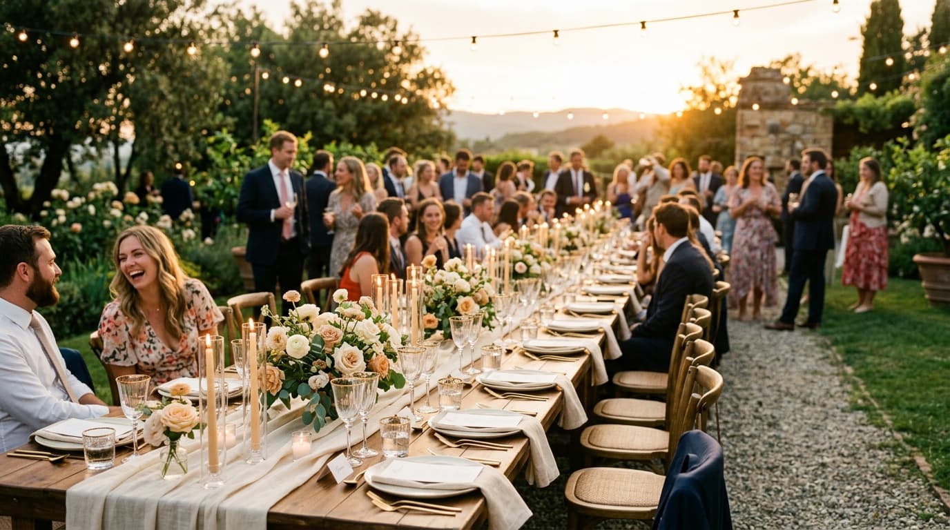 Bride and groom sharing a romantic golden hour portrait in a sunlit garden during their outdoor wedding.
