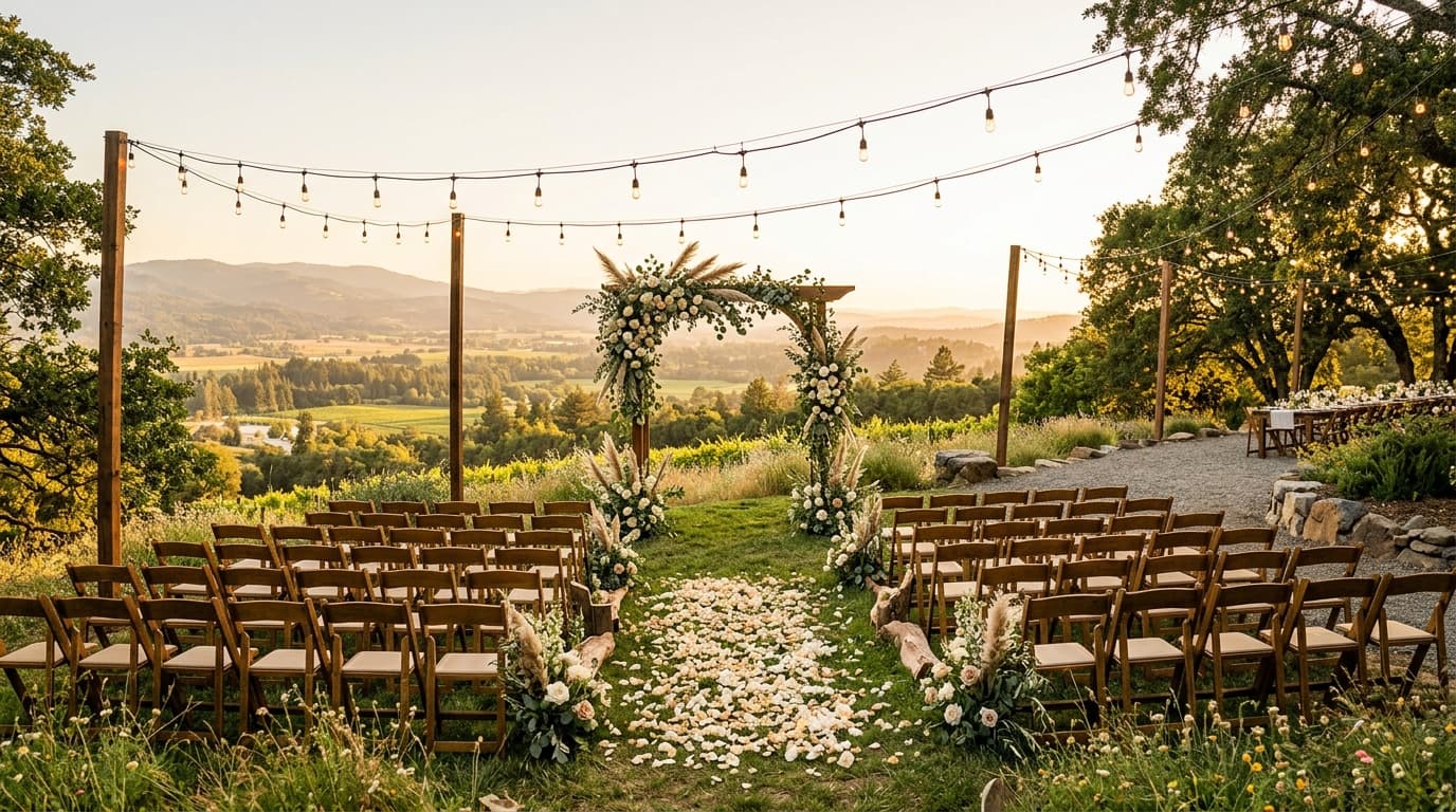 A bride and groom holding hands in a glowing garden during golden hour portraits before a 5pm wedding ceremony.
