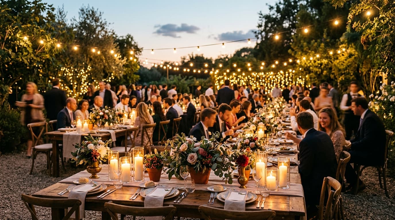 An elegant twilight outdoor wedding ceremony venue set up with floral arches, wooden chairs, and warm string lights as guests arrive.