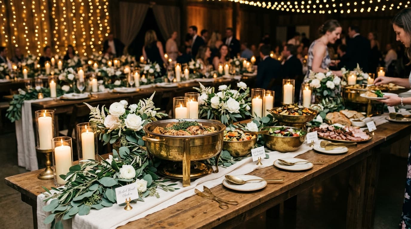 Elegantly arranged wedding buffet reception hall with decorated guest tables and warm lighting