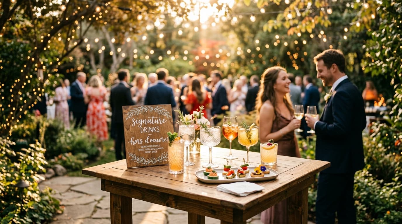 Bride and groom enjoying drinks with guests during an outdoor cocktail hour on a sunlit terrace.