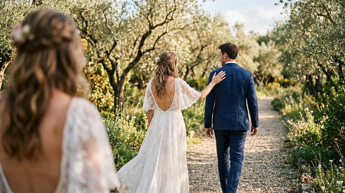 Bride and groom enjoying a romantic private first look moment in a sunlit garden prior to their ceremony.