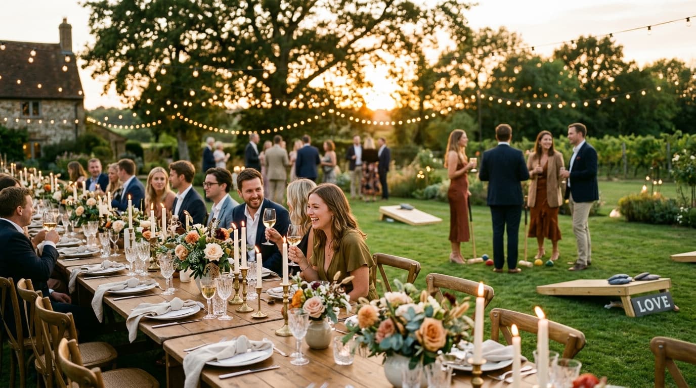 Guests enjoying lawn games and ambient lighting during an outdoor non-dancing wedding reception on a manor lawn.