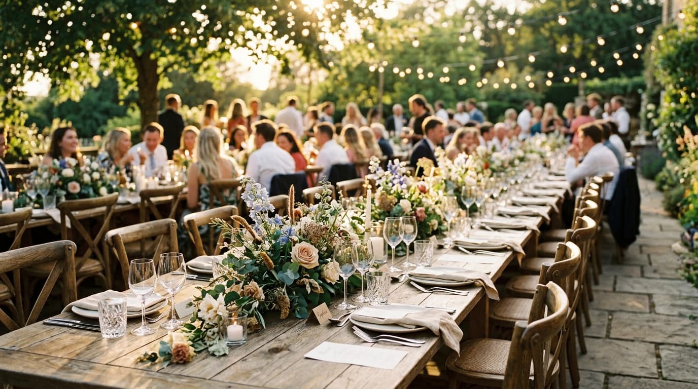 A wedding weekend schedule document resting on a wooden tabletop with flowers and stationery.