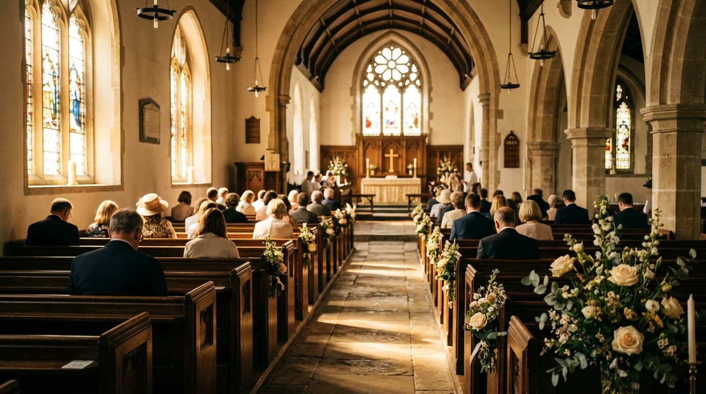 A worship leader standing on a stage during a Sunday morning church service with congregation members worshiping
