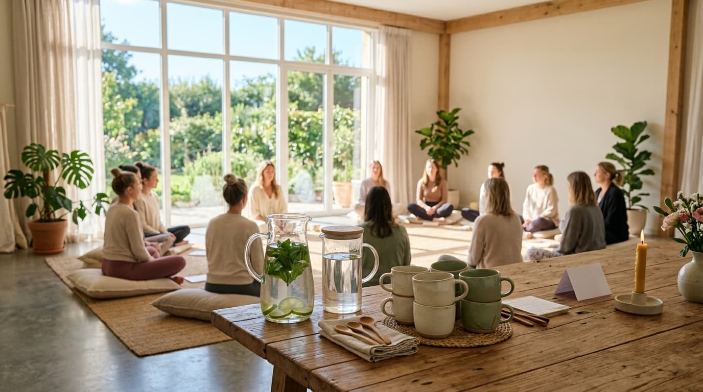 Attendees participating in a guided yoga stretch during a workplace wellness event