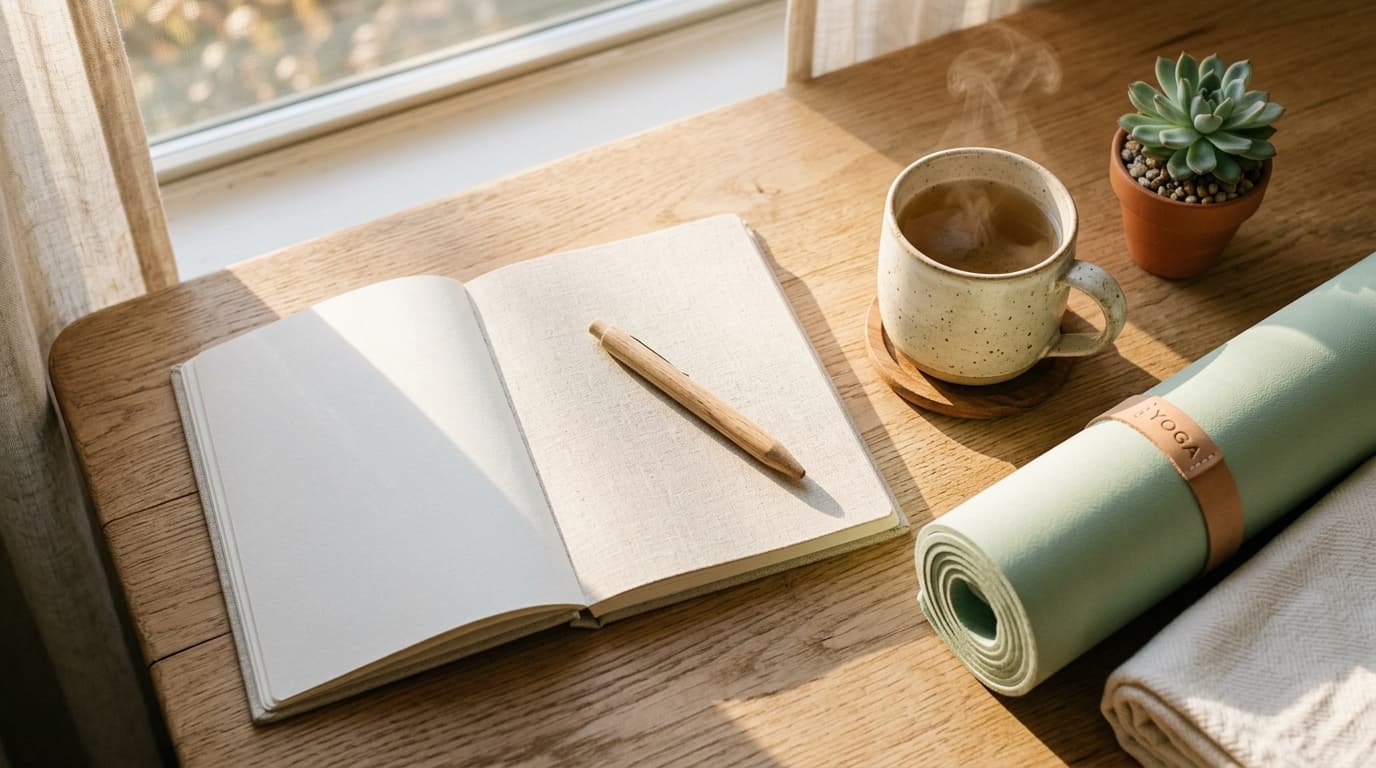 A peaceful wellness space with a yoga mat, water glass, daily journal, and soft sunlight streaming through a window.