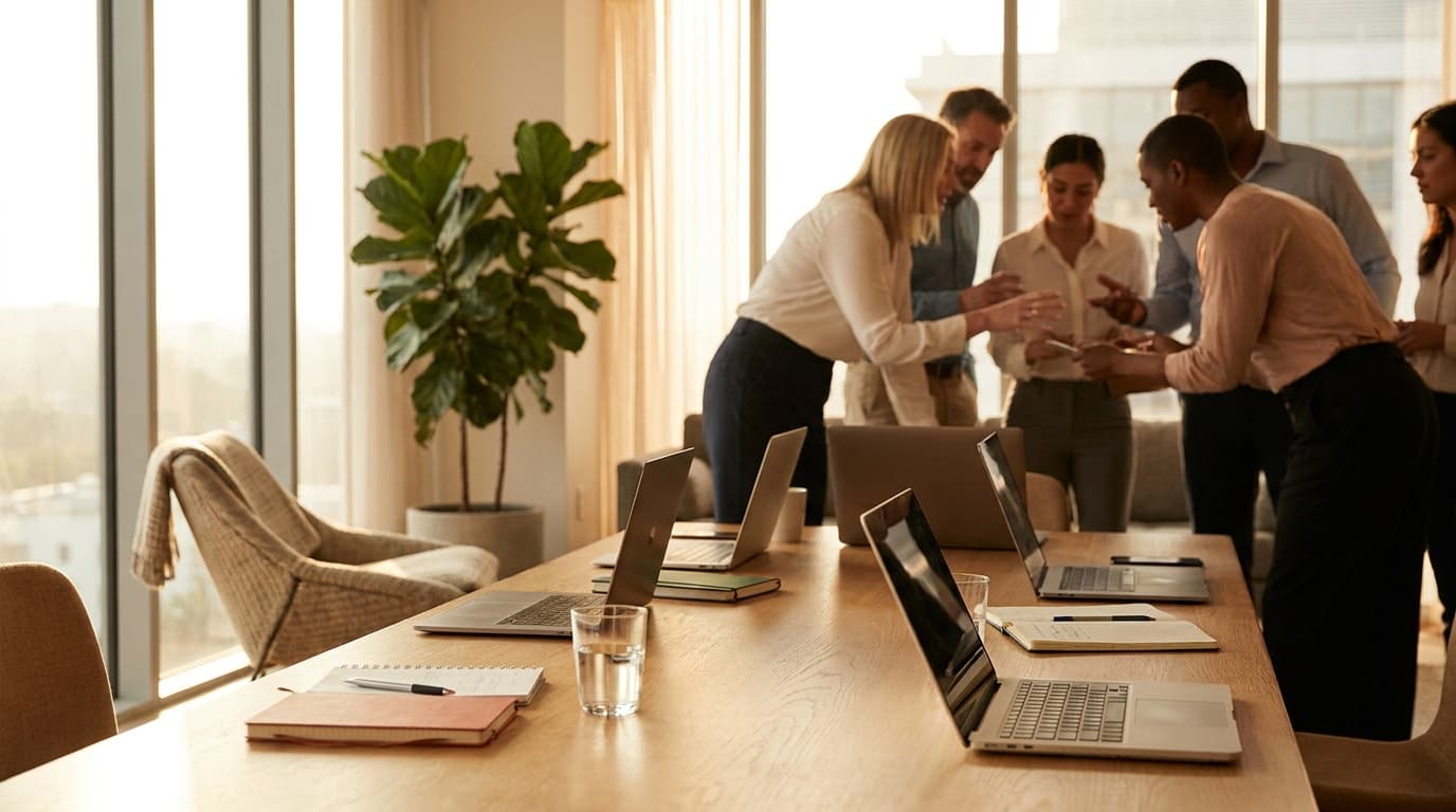 A diverse group of professional women engaging in a lively workshop discussion at a modern conference venue.