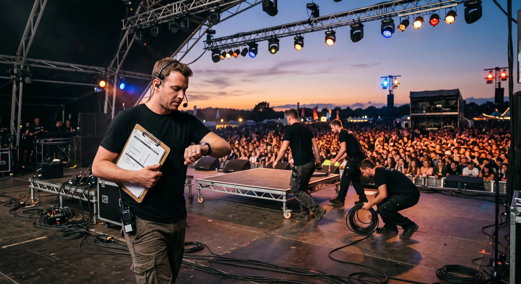 A festival stage manager with a headset checking the time at dusk as crew roll a drum riser across the stage during a changeover