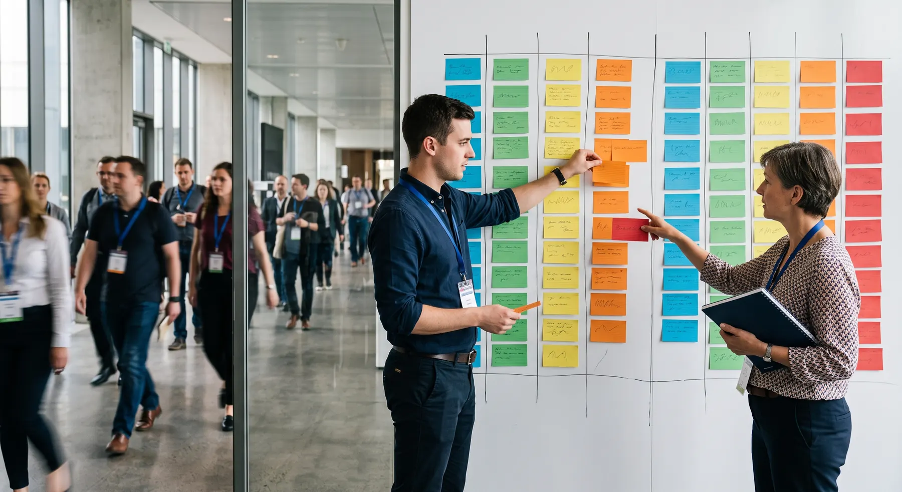 Conference organisers rearranging session cards on a multi-track schedule grid while delegates move between rooms behind a glass wall
