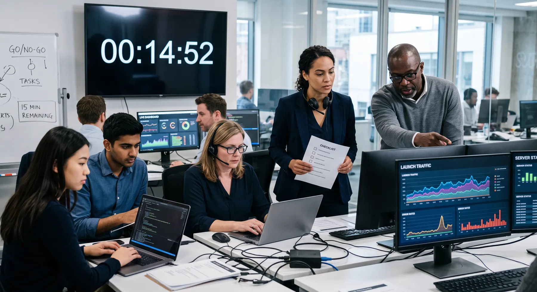 A product team in a launch war room watching live dashboards and a countdown on the wall screen as the launch lead works through the checklist