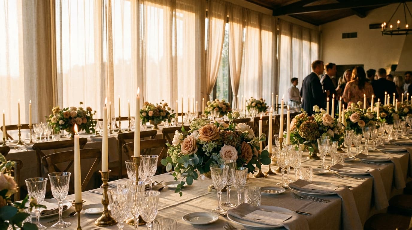 A candid, warm-toned editorial shot of a long banquet table set for an evening celebration, featuring flickering taper candles, overflowing floral cente…