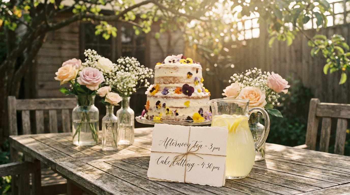 A sun-drenched garden patio set with a rustic wooden table featuring a tiered cake and delicate floral arrangements, captured from a soft-focus perspect…