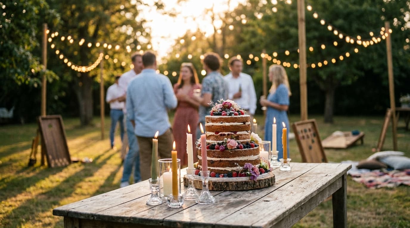 A candid, warm-toned photograph captured at golden hour, showing a rustic wooden table topped with a tiered cake and glowing candles, with blurred silho…