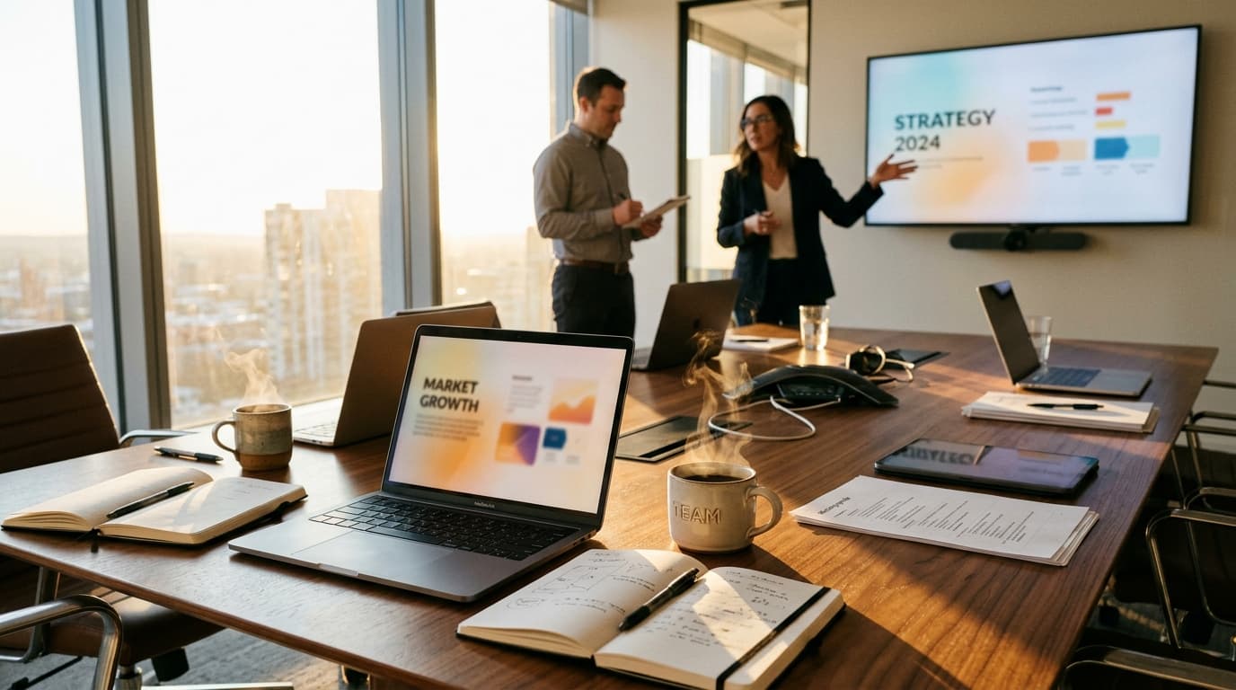 A business pitch team conducting a client pitch prep dry run with presentation slides projected in a modern office war room.
