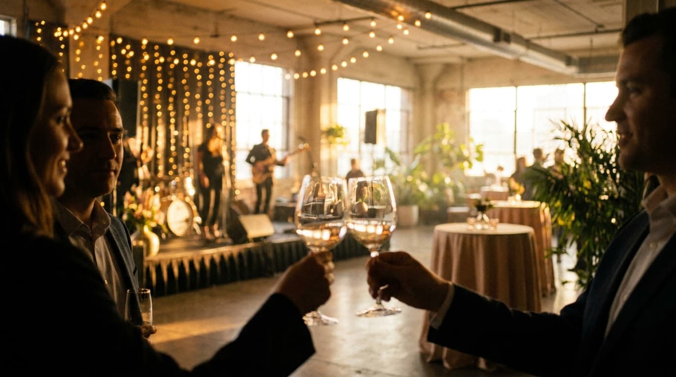 A professional event planner reviewing a clipboard in a decorated hotel ballroom before a corporate party.