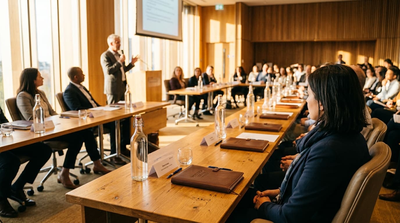 A corporate auditorium with professionals participating in a continuing professional development workshop and keynote presentation.