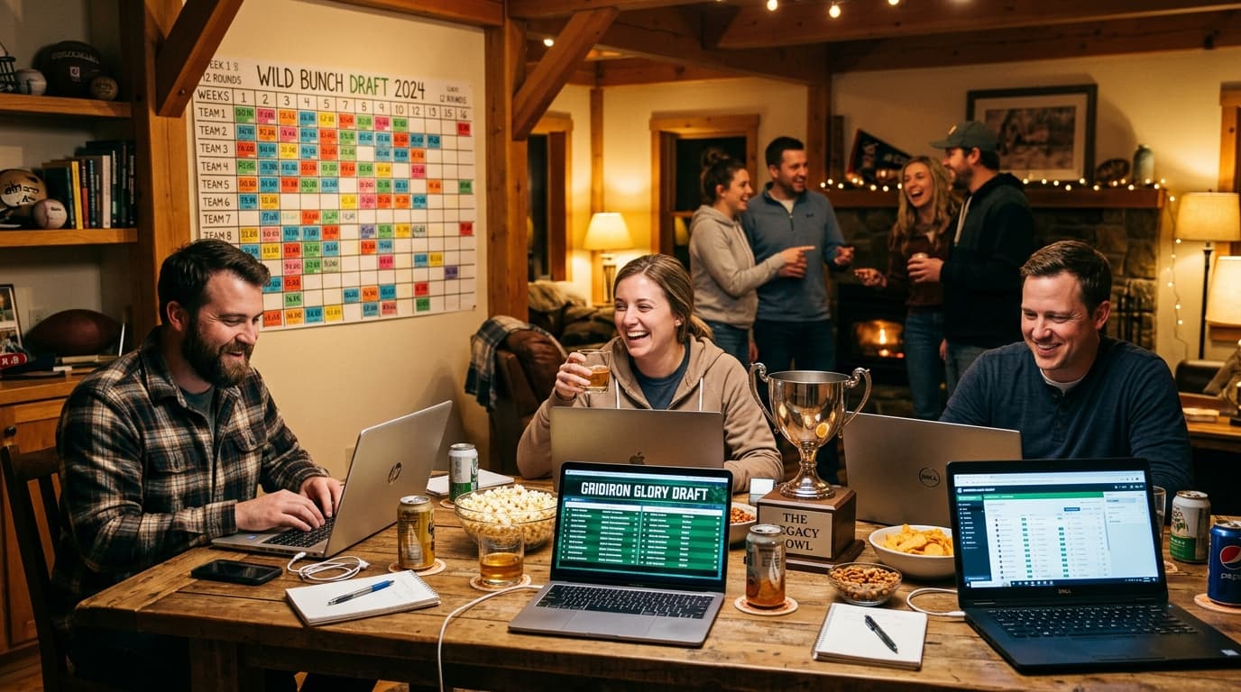 Fantasy sports team managers seated around a draft board in a clubhouse lounge reviewing cheat sheets.