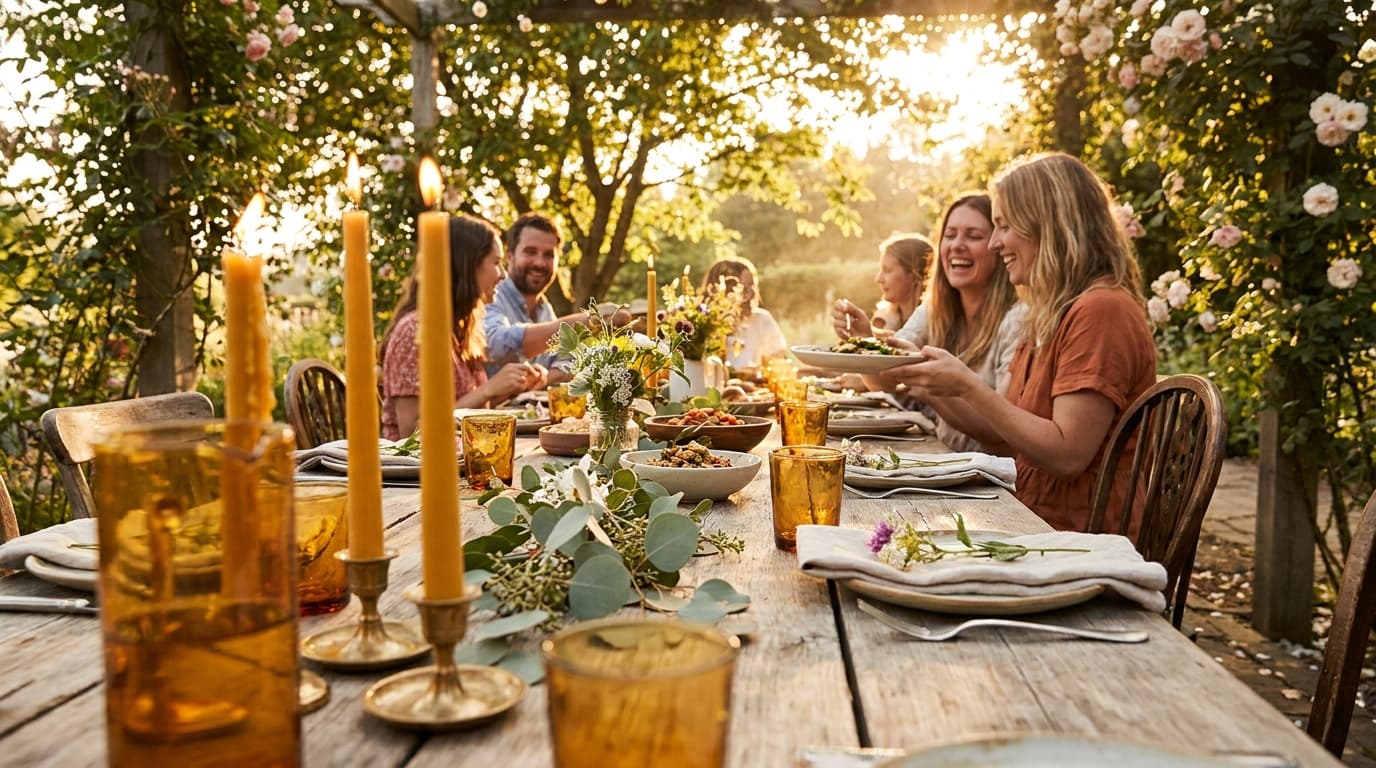 A warm, editorial-style photograph of a long, rustic wooden dining table set for an intimate rehearsal dinner, captured in soft golden hour light filter…