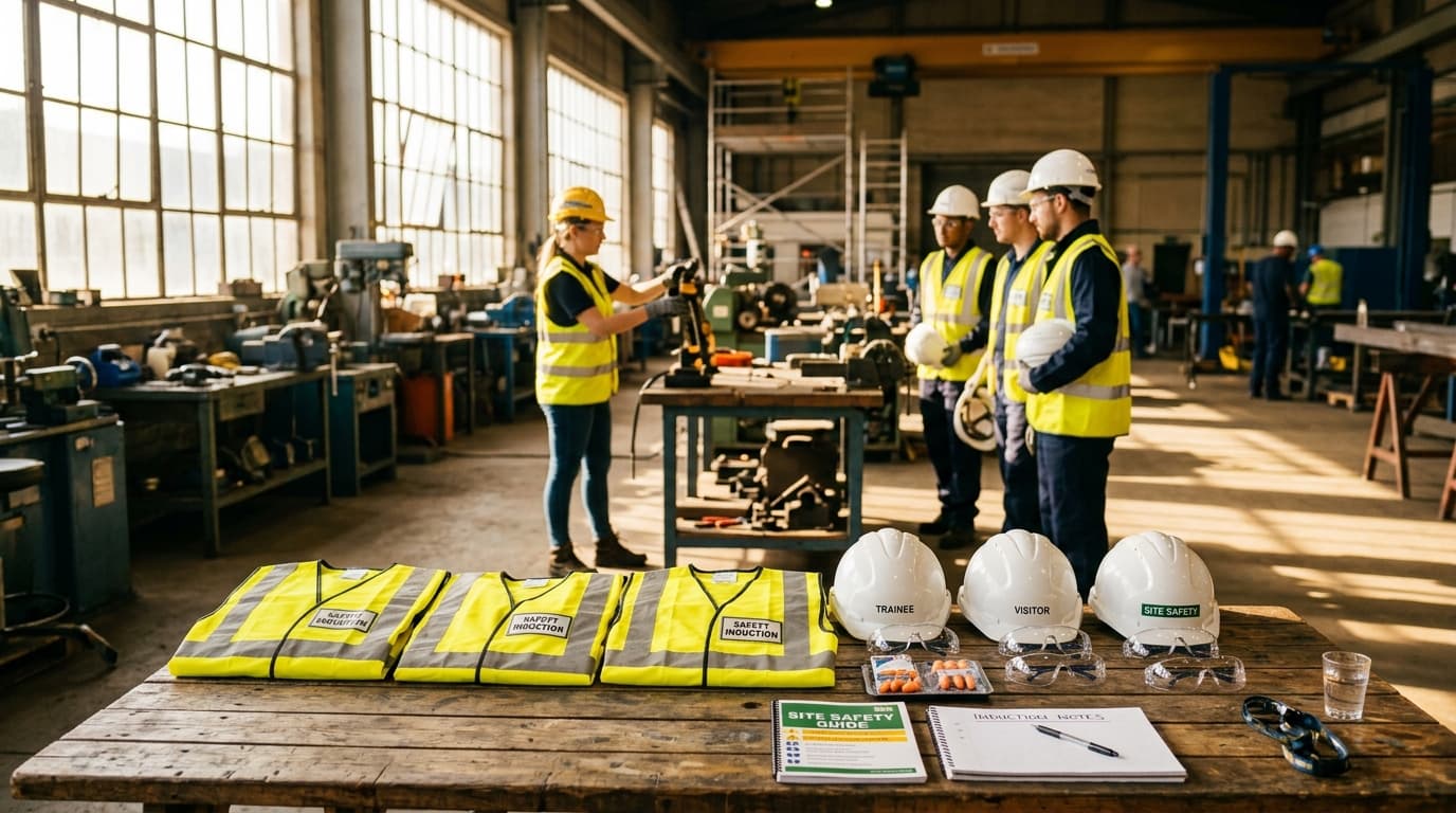 A safety officer facilitating a site safety induction briefing with workers in an industrial training facility.