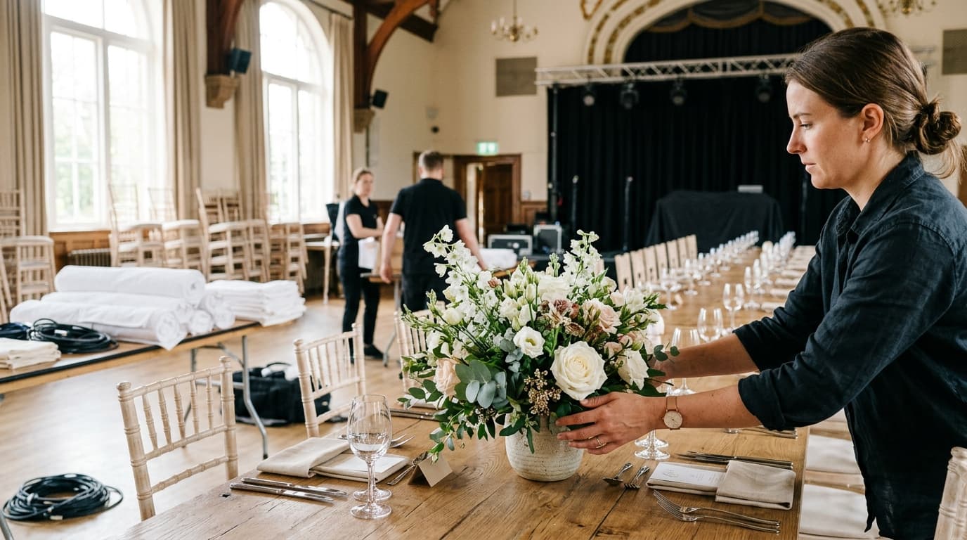 Event crew setting up stage lighting and tables in a ballroom during pre-event load-in.