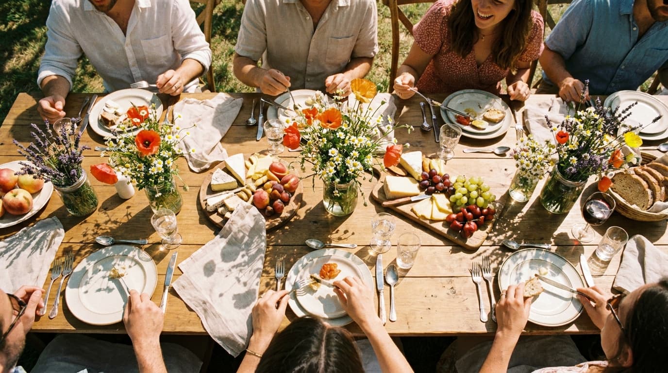 A candid, overhead shot of a sun-drenched outdoor reception table during the early afternoon, featuring soft shadows cast by sheer linen napkins and del…
