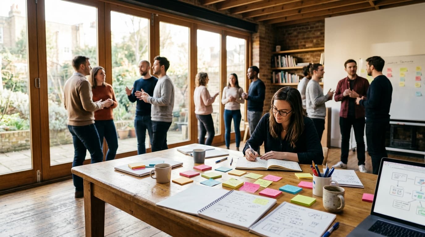 A workshop facilitator writing key takeaways on a whiteboard in a modern training room filled with engaged participants.