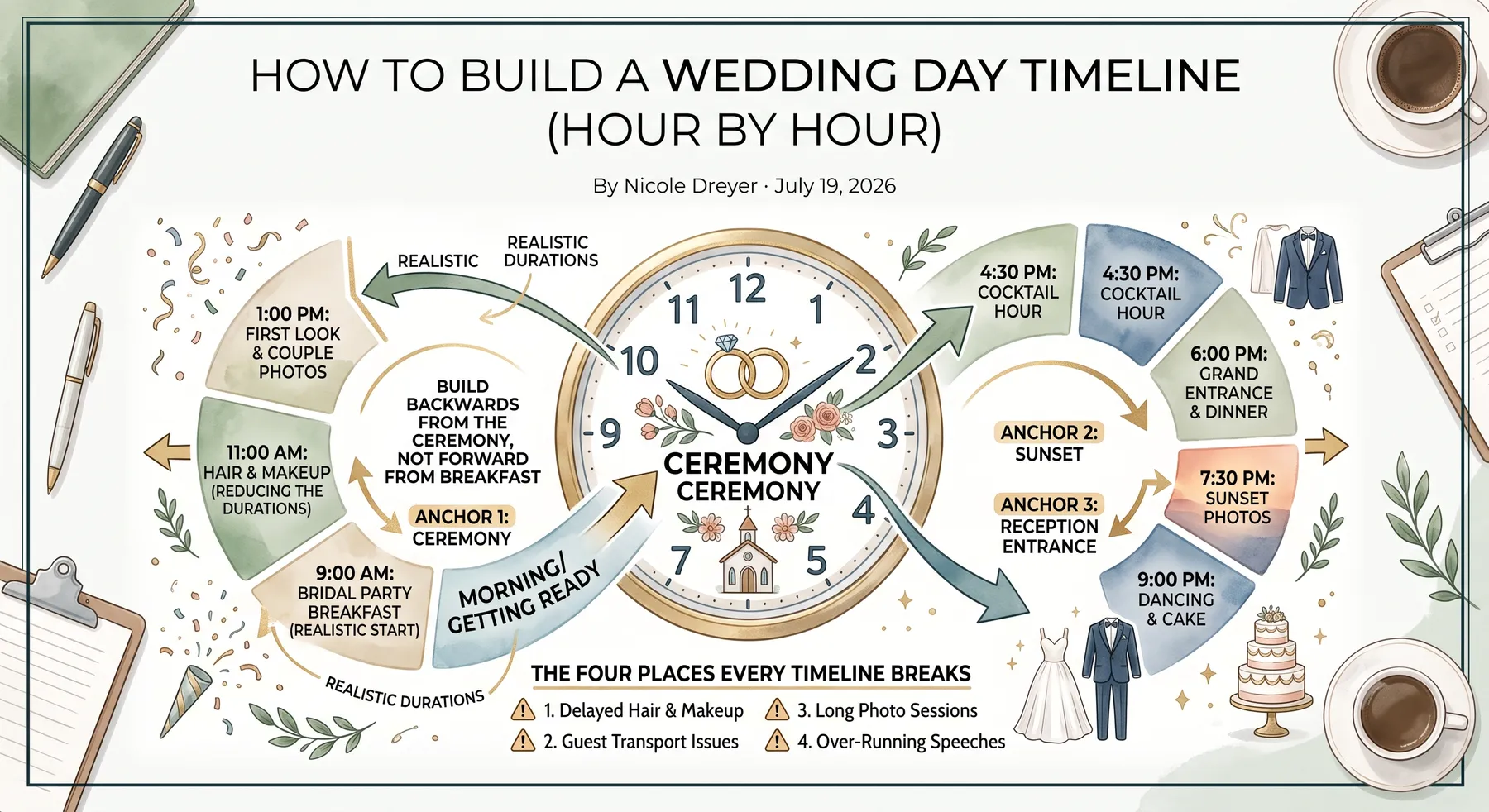 How to build a wedding day timeline: an hour-by-hour infographic anchored on the ceremony, sunset photos, and reception entrance, with the four most common timeline mistakes