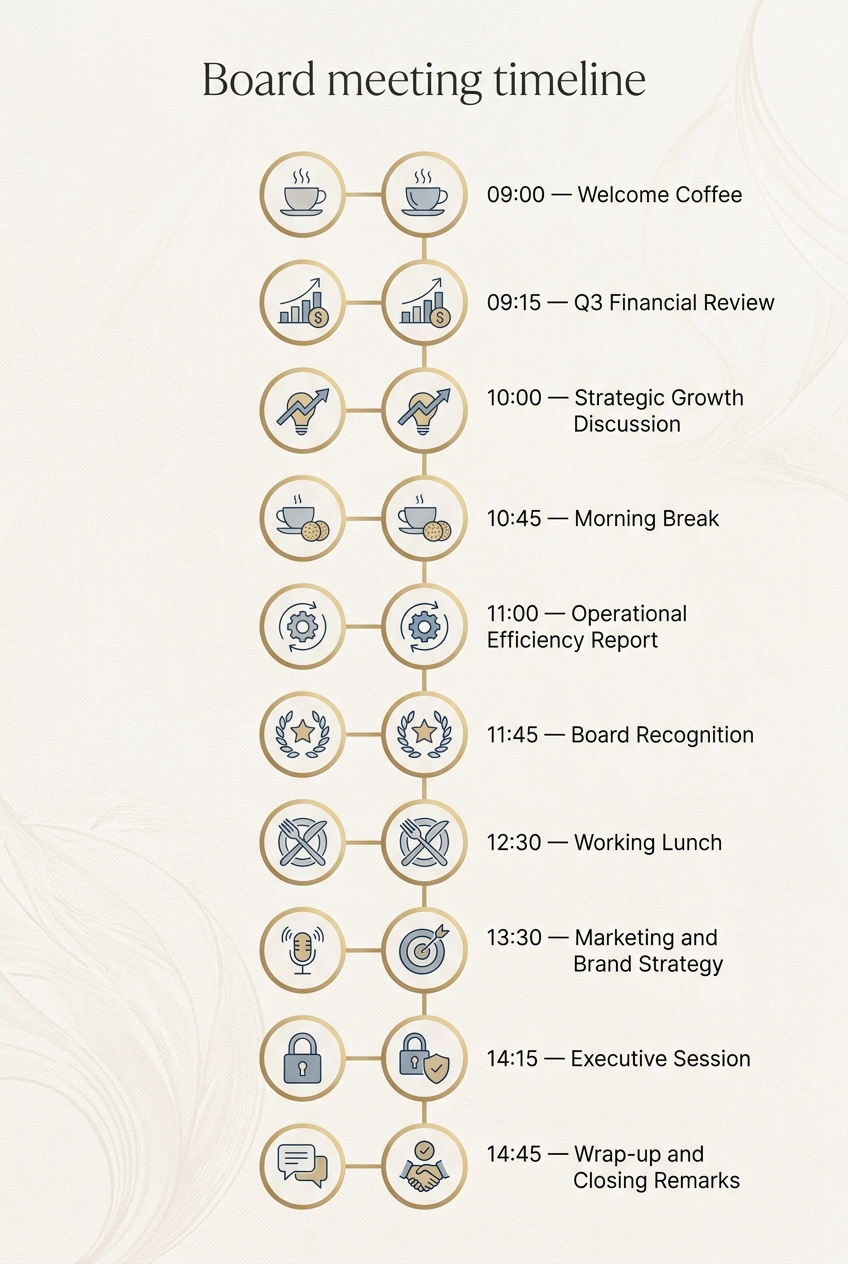 Board meeting timeline: A Proven Agenda for Productive Sessions — visual timeline