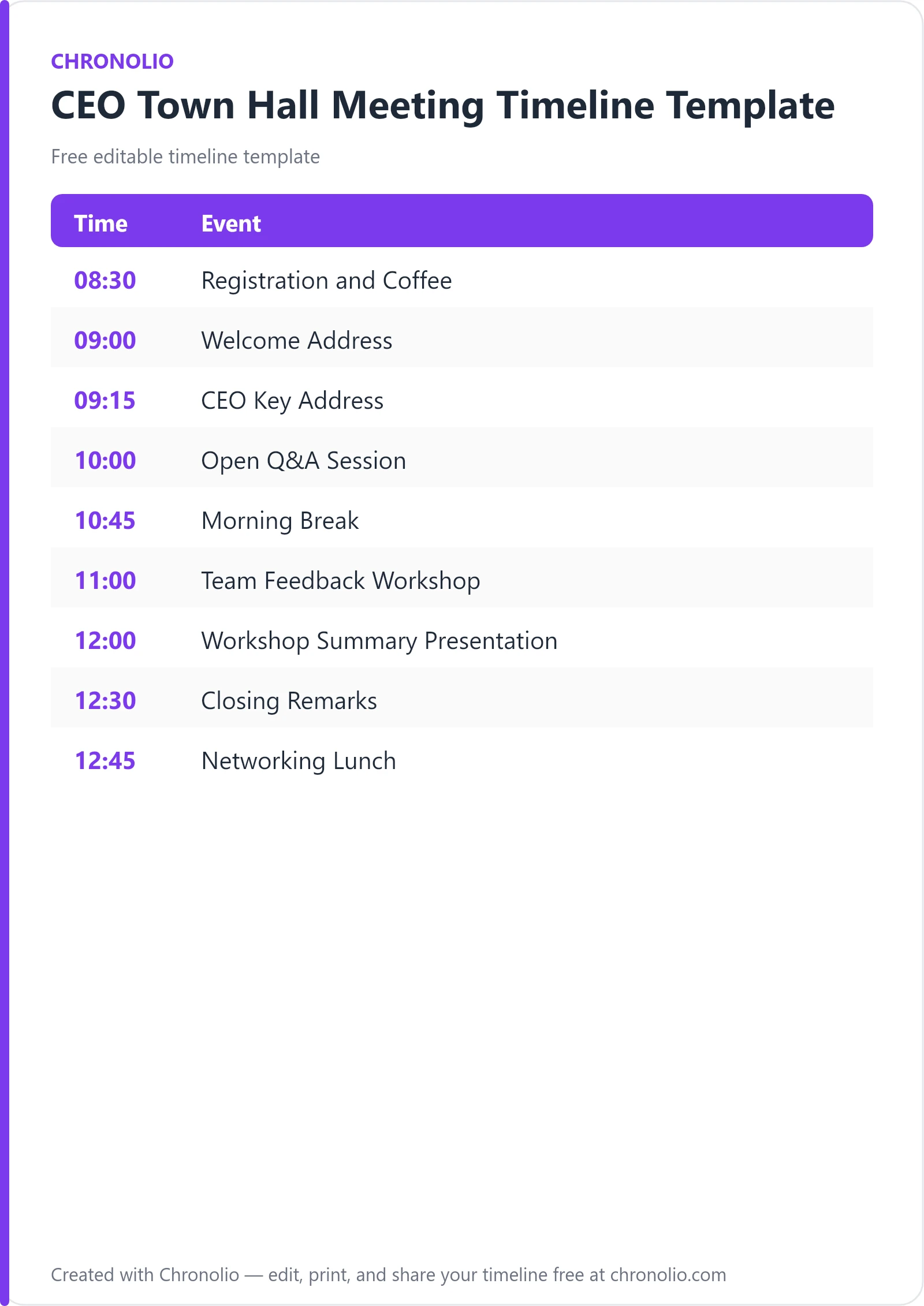 CEO Town Hall Meeting Timeline Template (Free Schedule) — printable schedule template