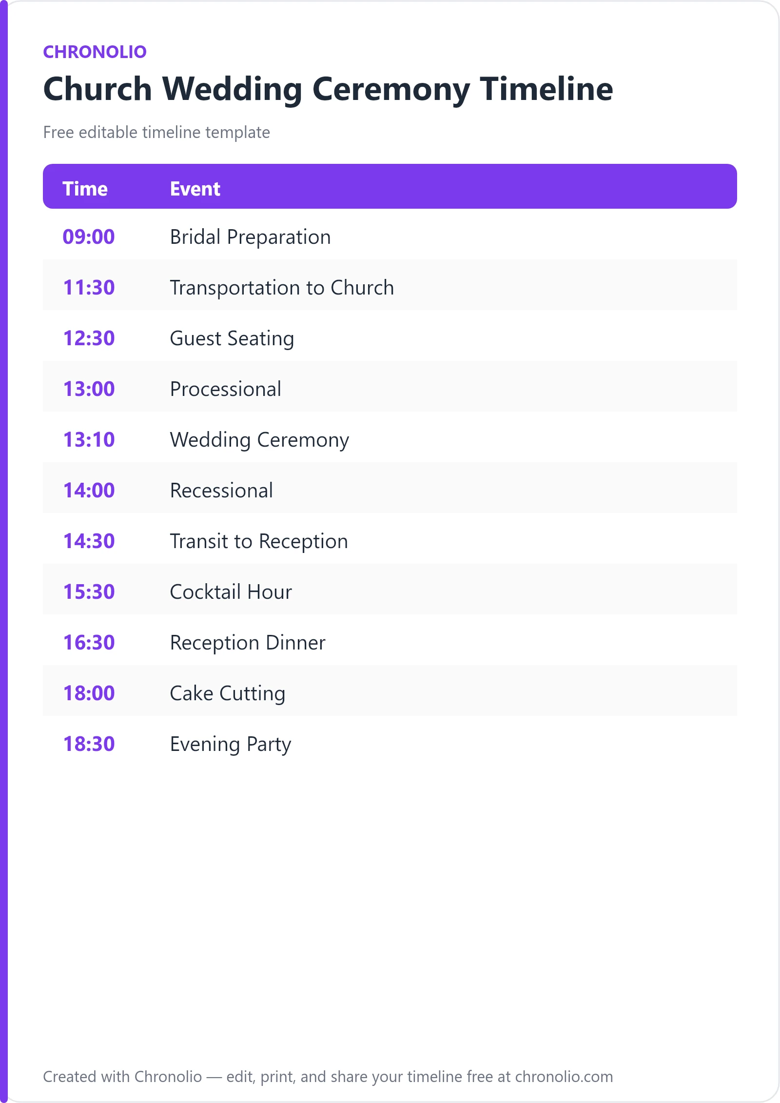 Church Wedding Ceremony Timeline — printable schedule template