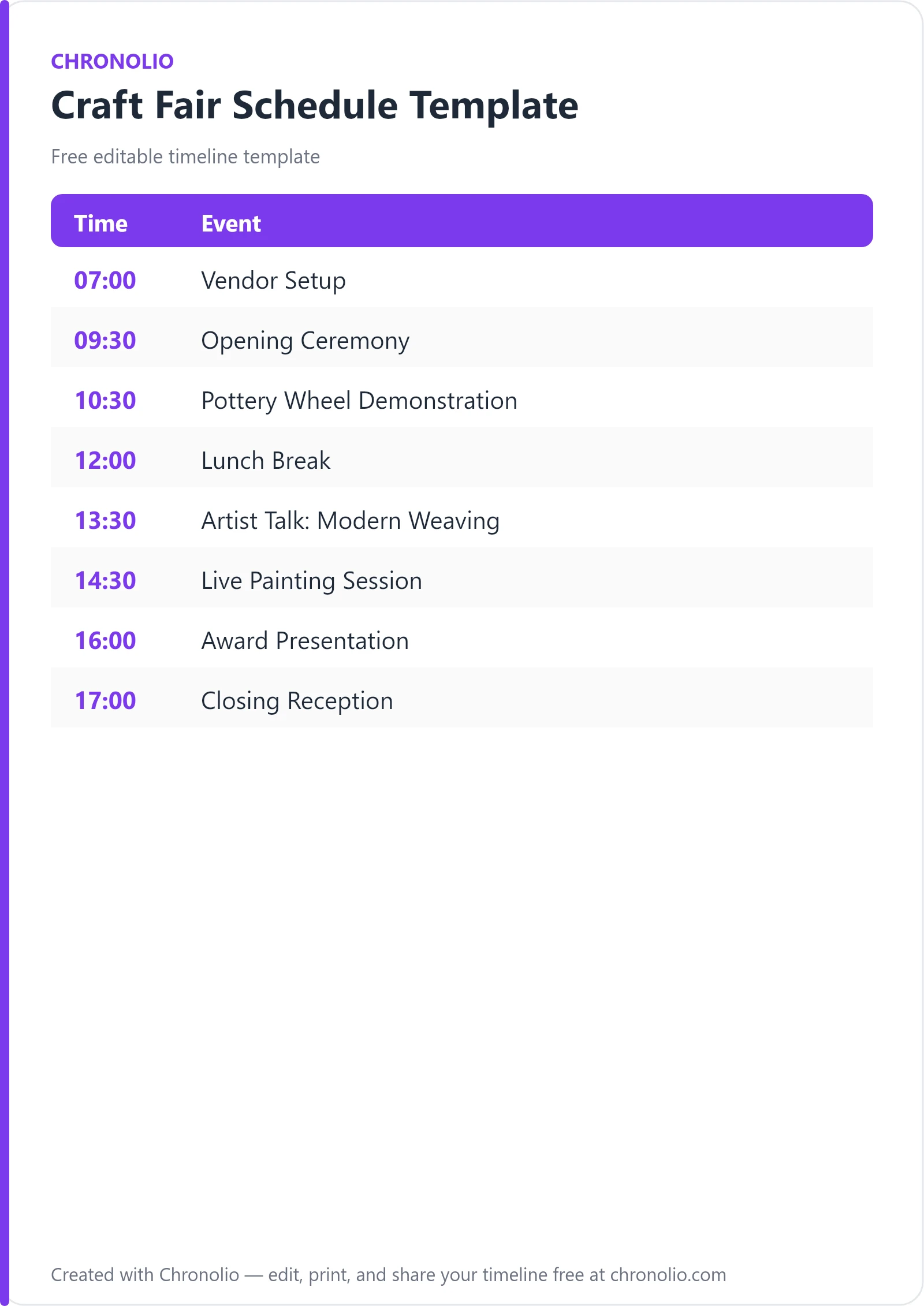 Craft Fair Schedule Template — printable schedule template
